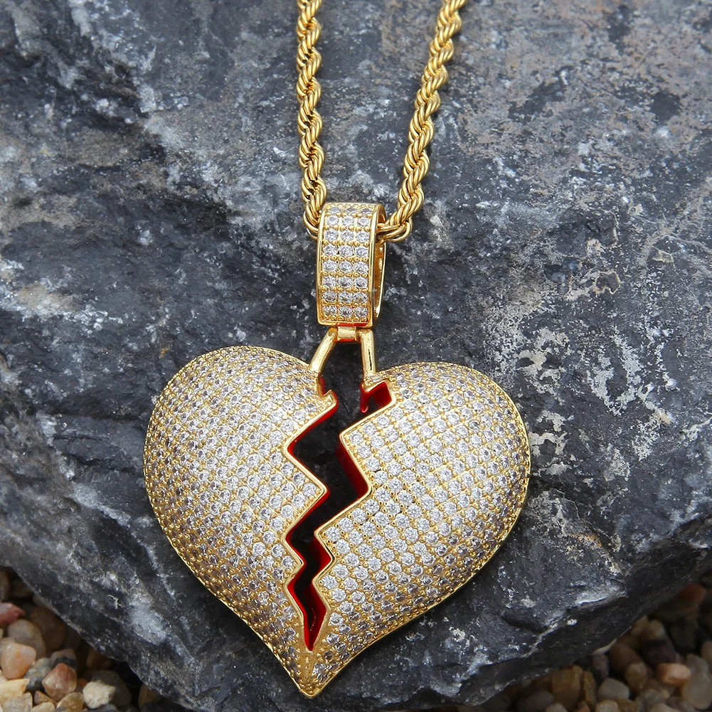CZ Diamond Broken Heart Mens Pendant Necklace (3mm-24inches)
