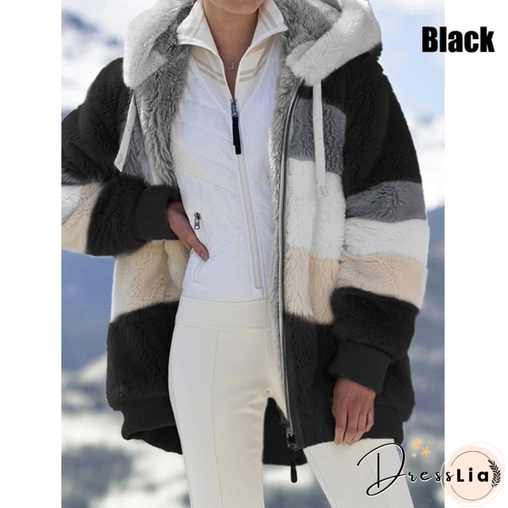 New Trend Women's Fashion Jacket Hooded Winter Warm Plush Loose Jacket for Women Patchwork Winter Outerwear Faux Fur Zipper Ladies Parka Coat Plus Size 6 Colors