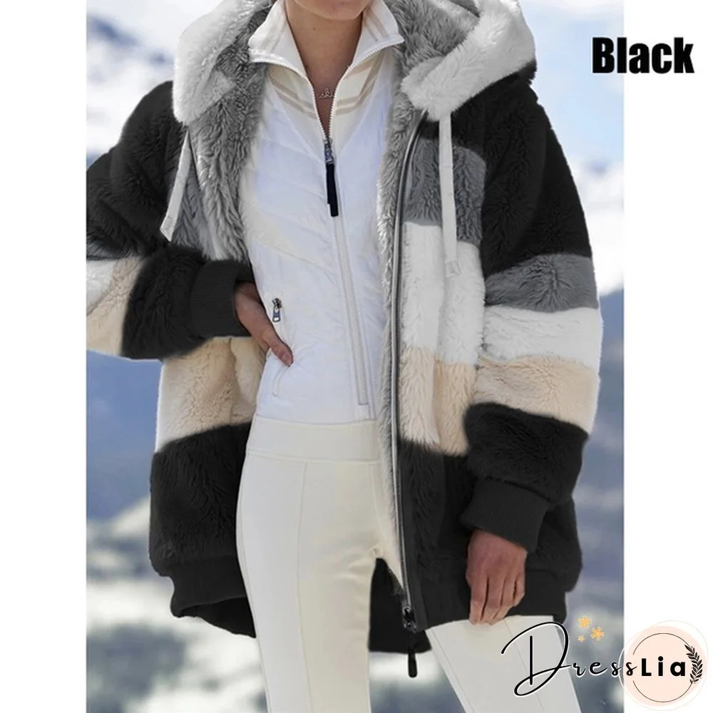 New Trend Women's Fashion Jacket Hooded Winter Warm Plush Loose Jacket for Women Patchwork Winter Outerwear Faux Fur Zipper Ladies Parka Coat Plus Size 6 Colors