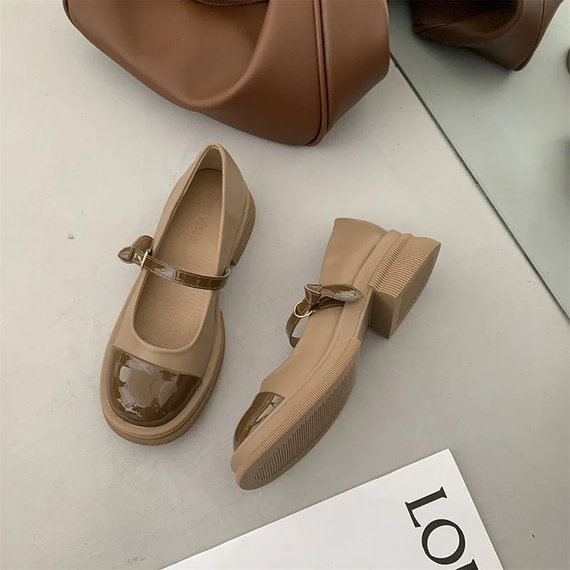 2022 Designer Women Mary Jane Shoes Spring Leahter Shoes Fashion Buckle Shallow Female Round Toe Mid Heel Elegant Woman Pumps