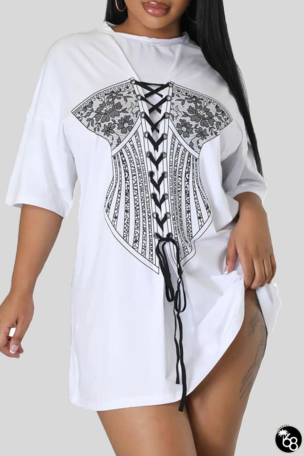 White Casual Print Bandage Patchwork O Neck T-shirt Dress Dresses | 168DEAL