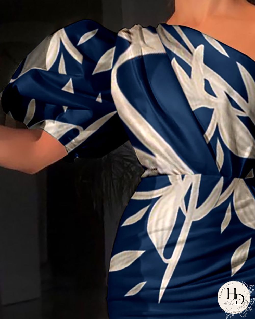 Tropical Print One Shoulder Puff Sleeve Slit Dress