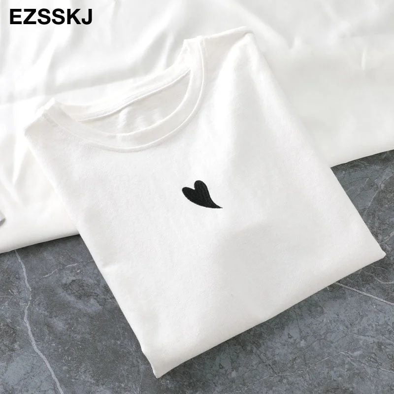 spring summer Women basic heart embroidery T-shirt Casual Loose short sleeve bottom candy color cotton T-shirt  Female Tops