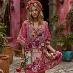 Women's Vintage Rose Floral Embroidery Art Linen Dress - Image 2