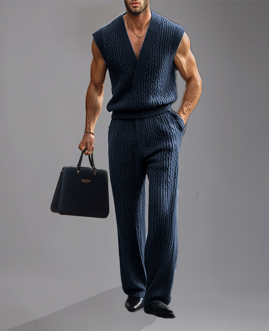 Okaywear Knitted V Neck Vest & Pocket Pants 2Pcs Set