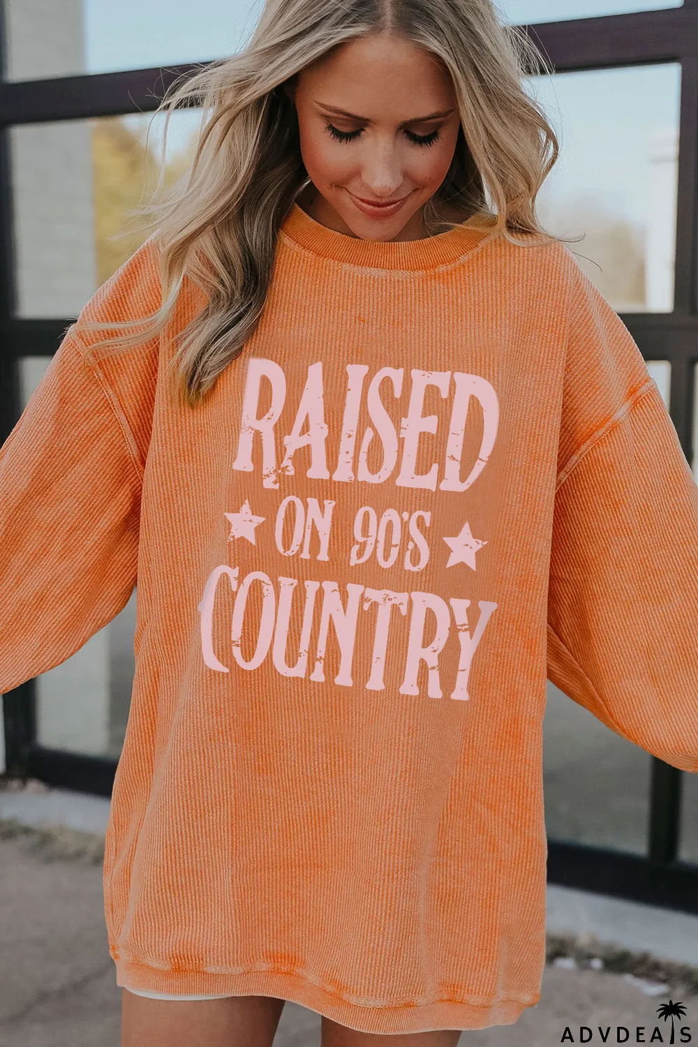 Orange Letter Print Ribbed Long Sleeve Oversized Sweatshirt