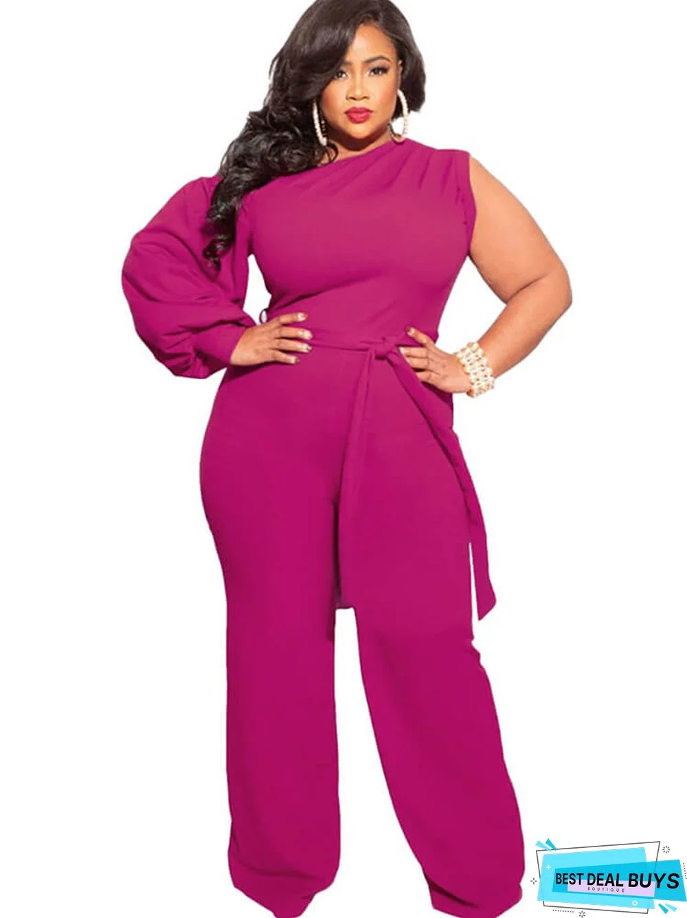 Plus Size Puff Sleeve Belted Wide Leg Pant Jumpsuits