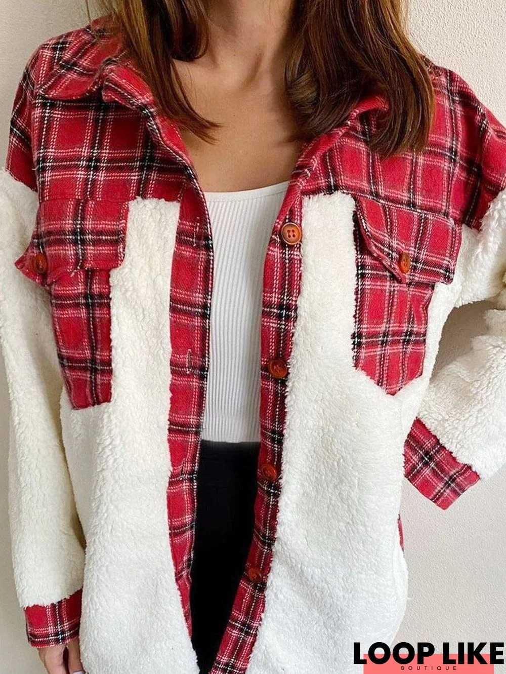 Plaid Lamb Wool Stitching Loose Casual Cardigan Coat