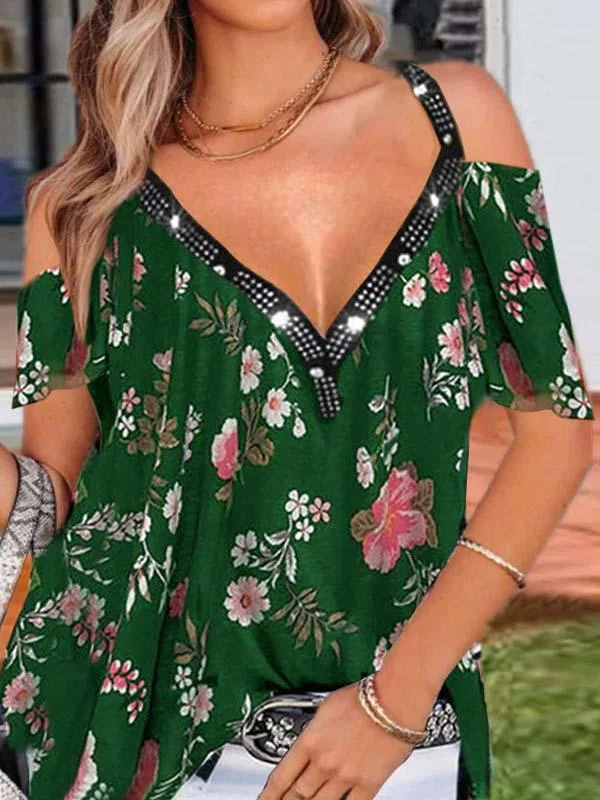 Women's V-neck Short Sleeve Floral Printed Tops