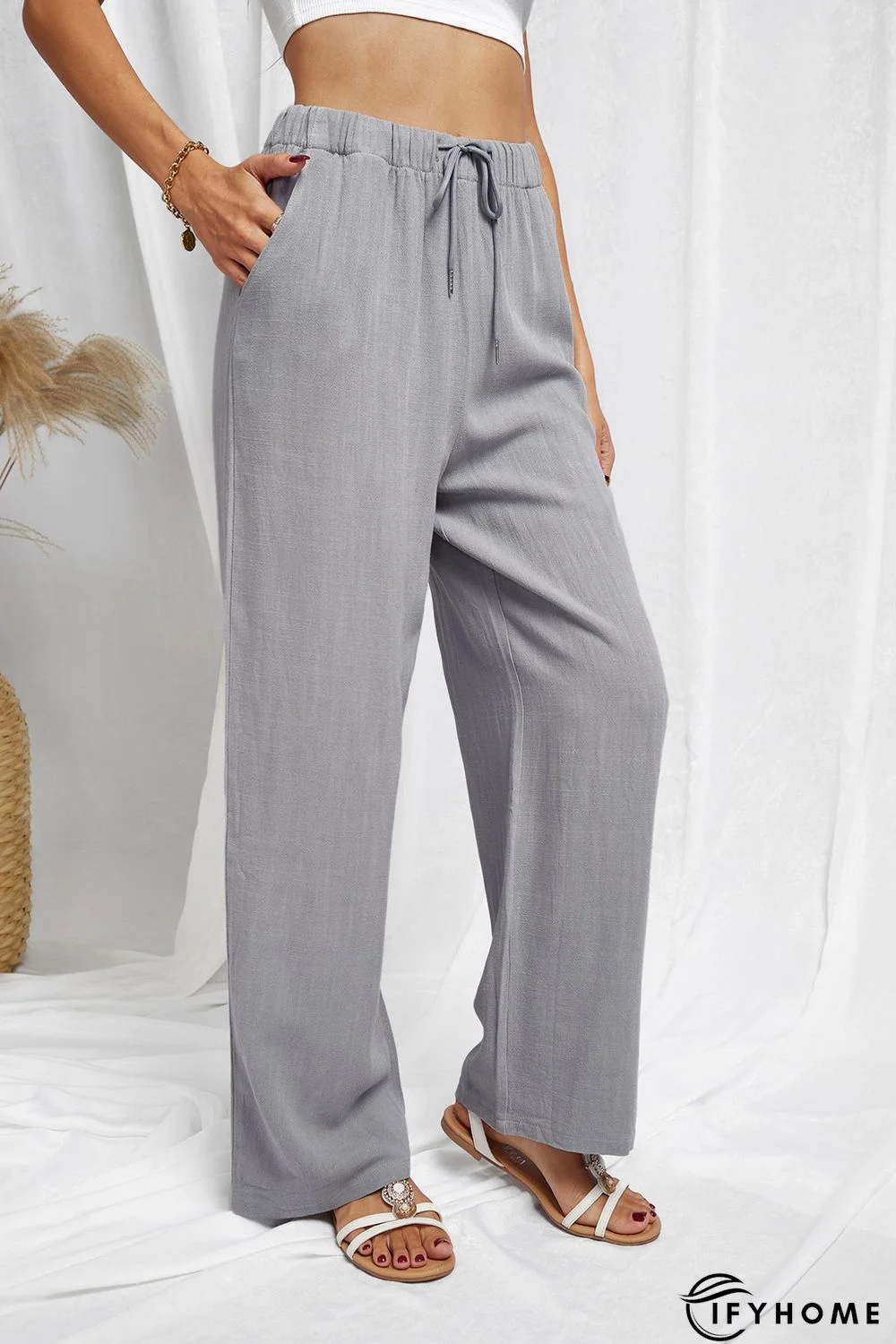 Gray High Waist Drawstring Wide Legs Casual Pants | IFYHOME