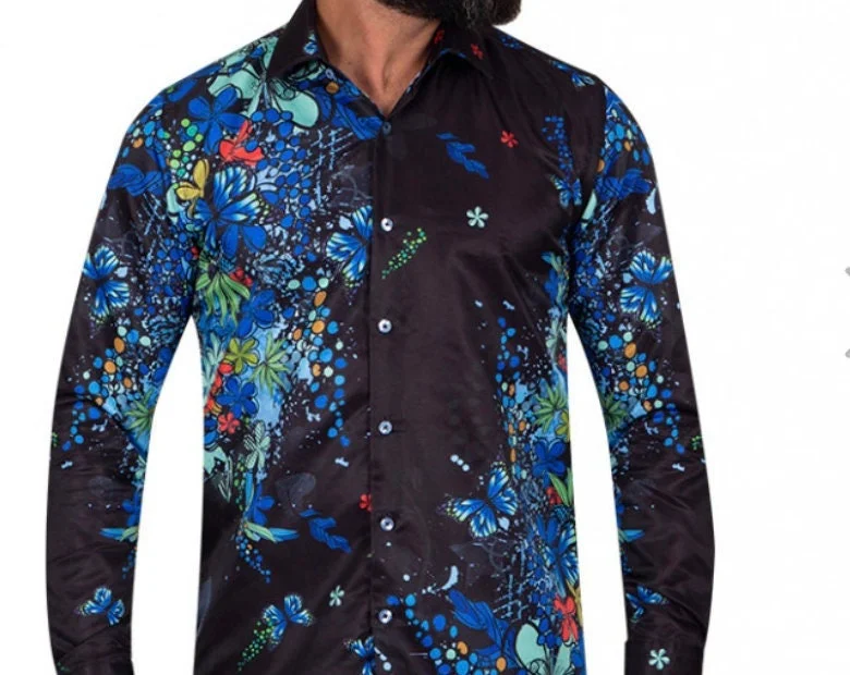 Blue Neon Floral Garden Print Shirt