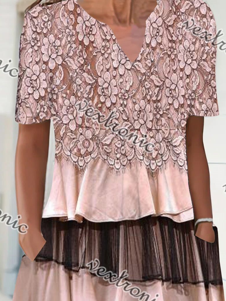 Women's Short Sleeve V-neck Floral Printed Midi Dress