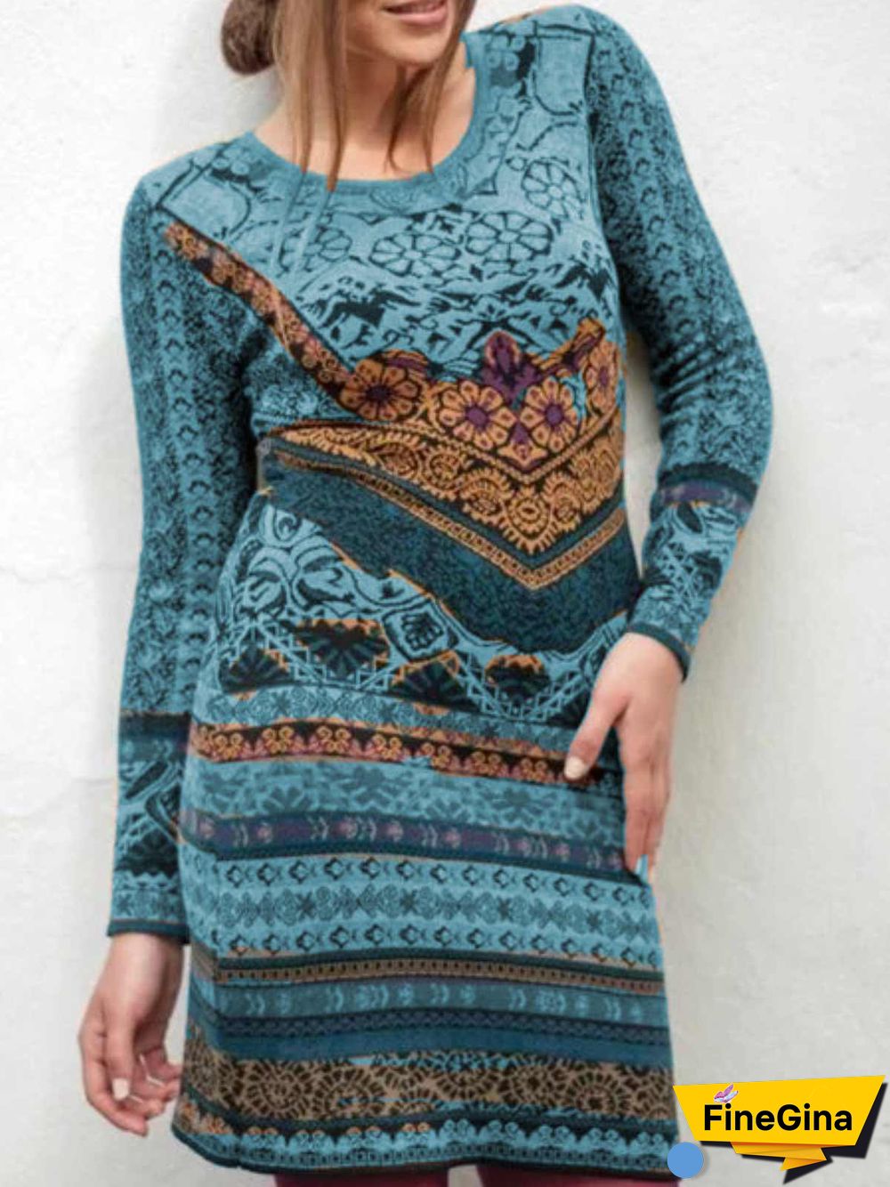 Gray Long Sleeve Cotton Casual Knitting Dress