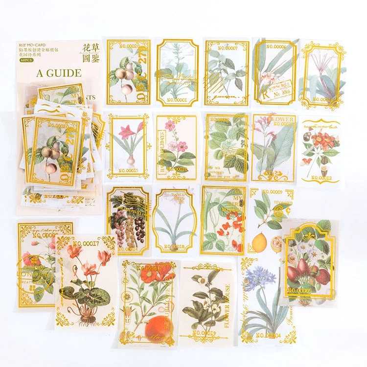 JIANWU 60 Pcs Vintage Bronzing Butterfly Plant Stickers Scrapbooking Journal DIY Decoration Collage Stickers Stationery Supplies