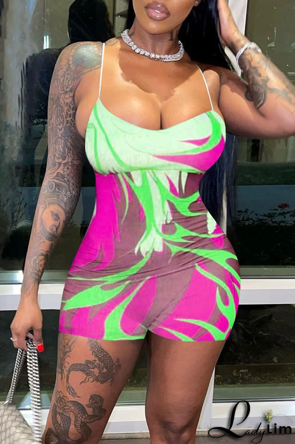 Green Sexy Print Patchwork Spaghetti Strap Regular Jumpsuits