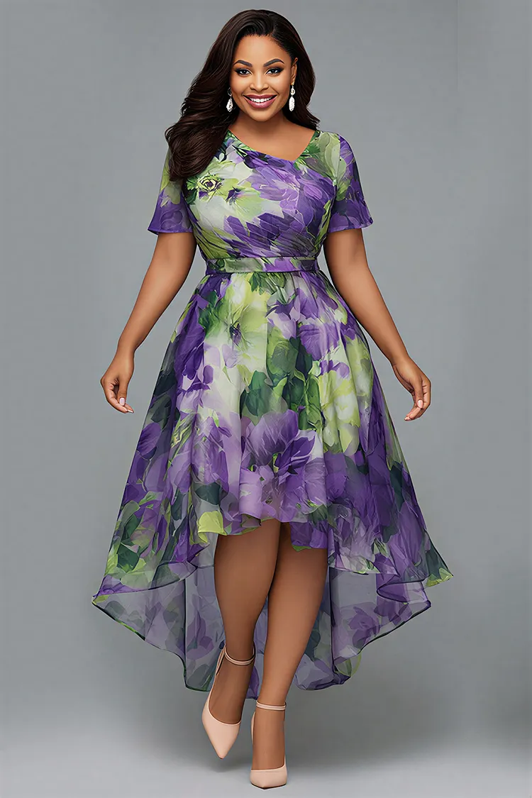 Xpluswear Design Plus Size Cocktail Party Purple Floral Asymmetrical Collar Short Sleeve Asymmetric Hem Irregular Hem Chiffon Midi Dresses [Pre-Order] 2024 - Xpluswear