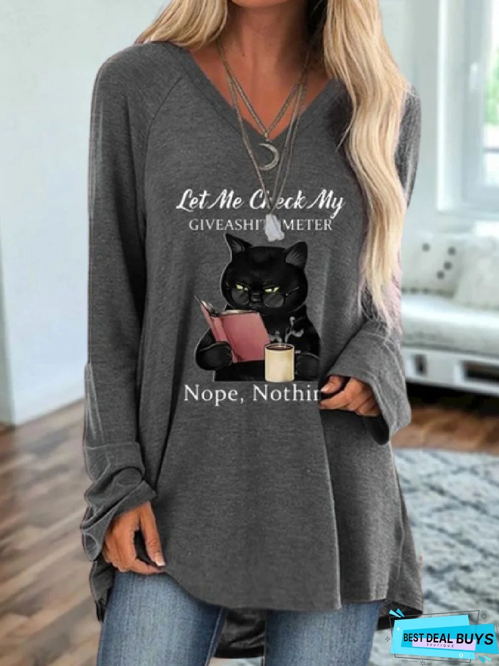 Women's Tunic T-Shirt Tee Cat Text Casual Weekend Cat Pattern Tunic T-Shirt Tee Long Sleeve Print V-Neck Fall Spring