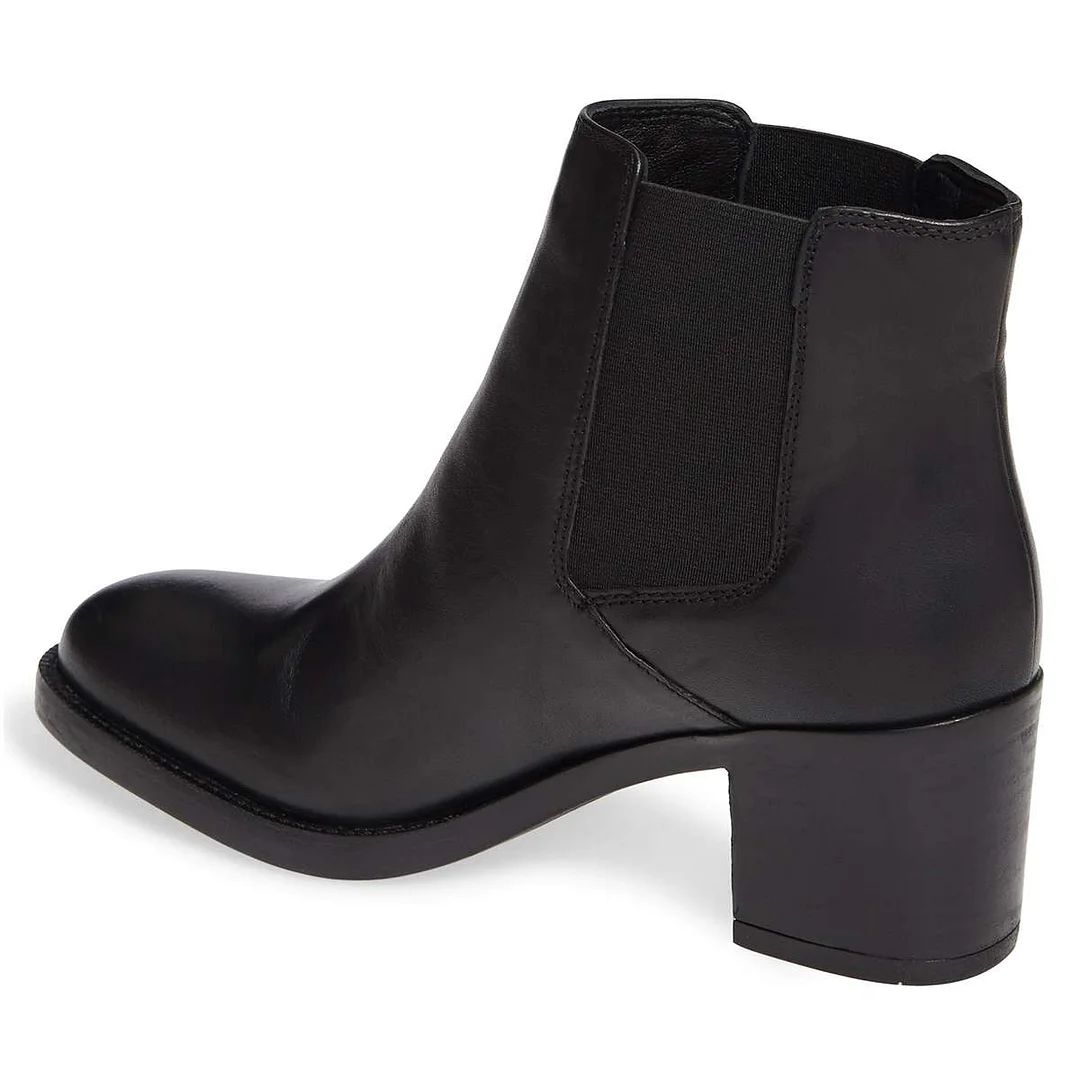 Black Vegan Leather Round Toe Pull-On Ankle Boots with Block Heel