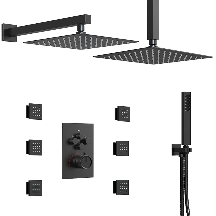 EVERSTEIN Ceiling & Wall Mount Dual 12" Shower Head System in Matte Black