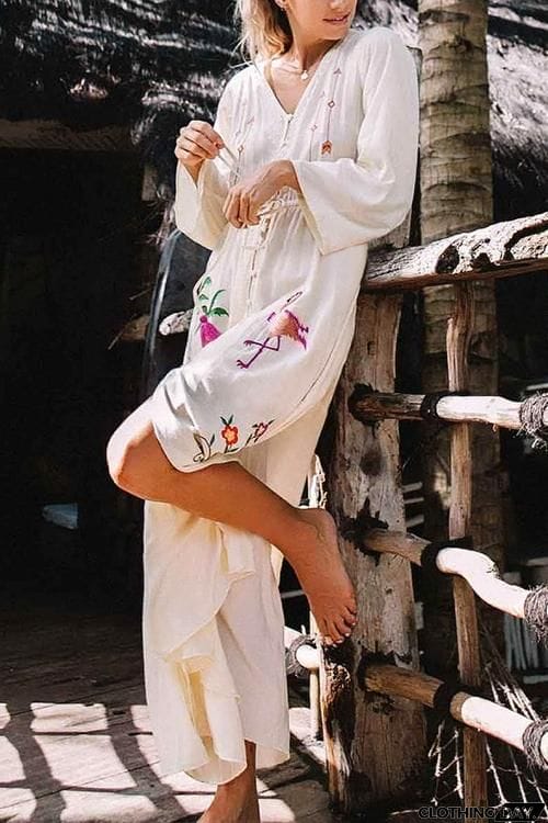 Embroidery Button Long Cardigan