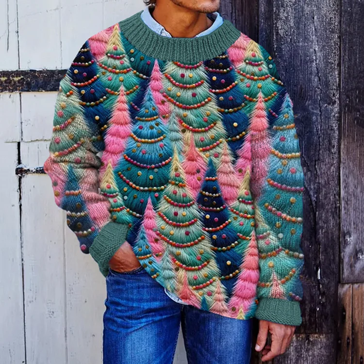 Colorful Christmas Tree Abstract Art Jacquard Knitting Casual Sweater