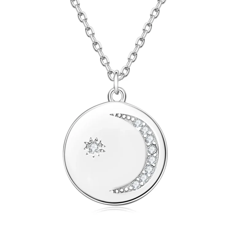 Moon & Star Round Cut Moissanite Coin Disc Pendant Necklace