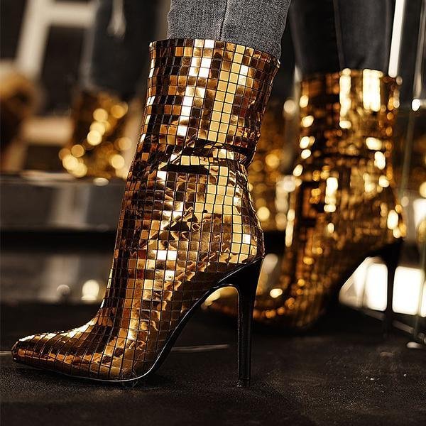 Shoeschics Women Fashion Golden Lotus Leaf Sequined Short Stiletto heels