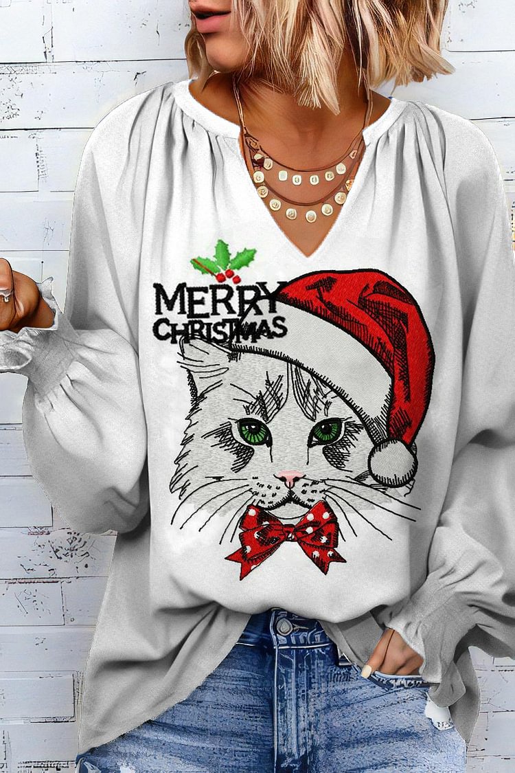 Merry Christmas Cat Printed V-Neck Sweatshirt