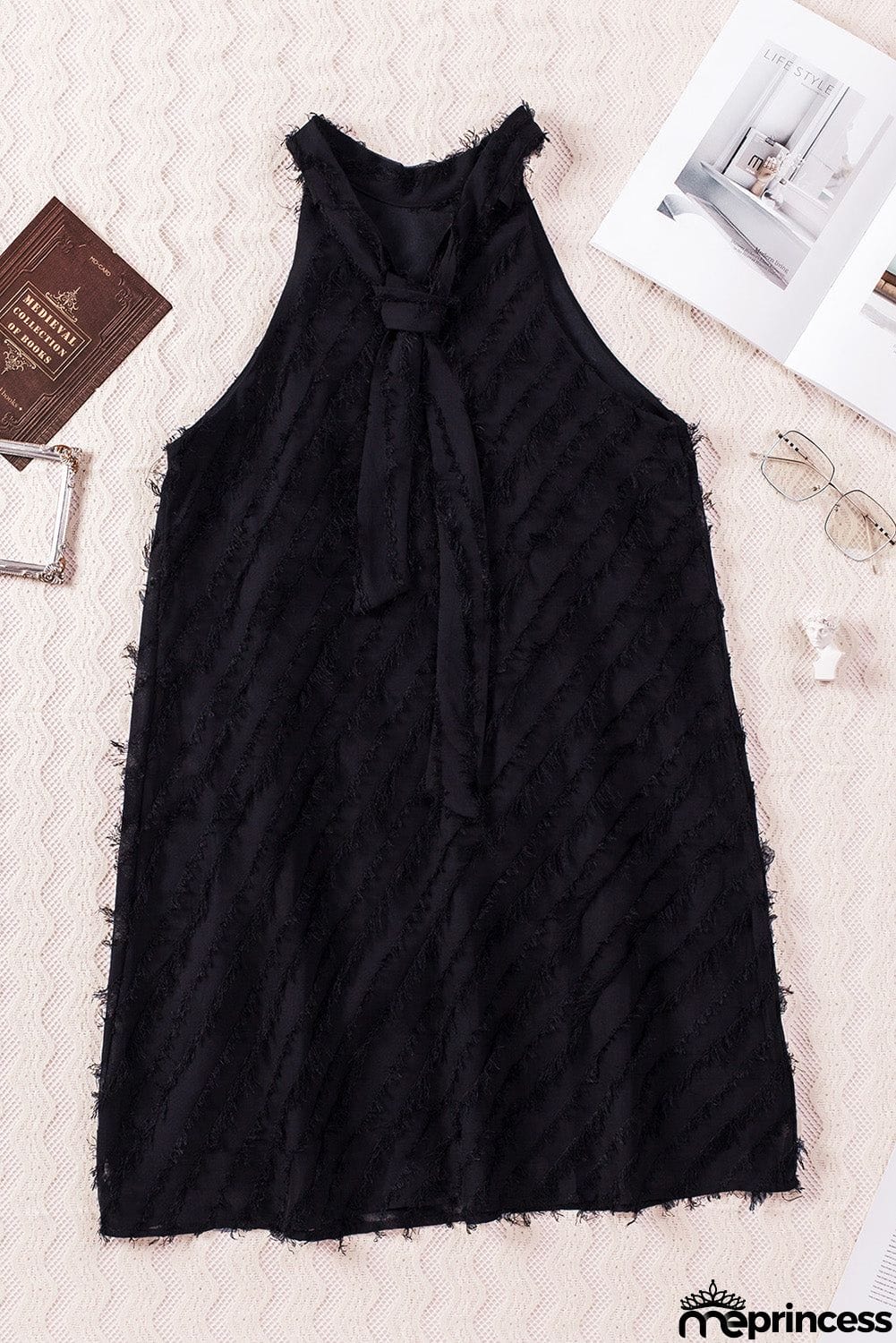 Textured Halter Lace-up Sleeveless Mini Dress