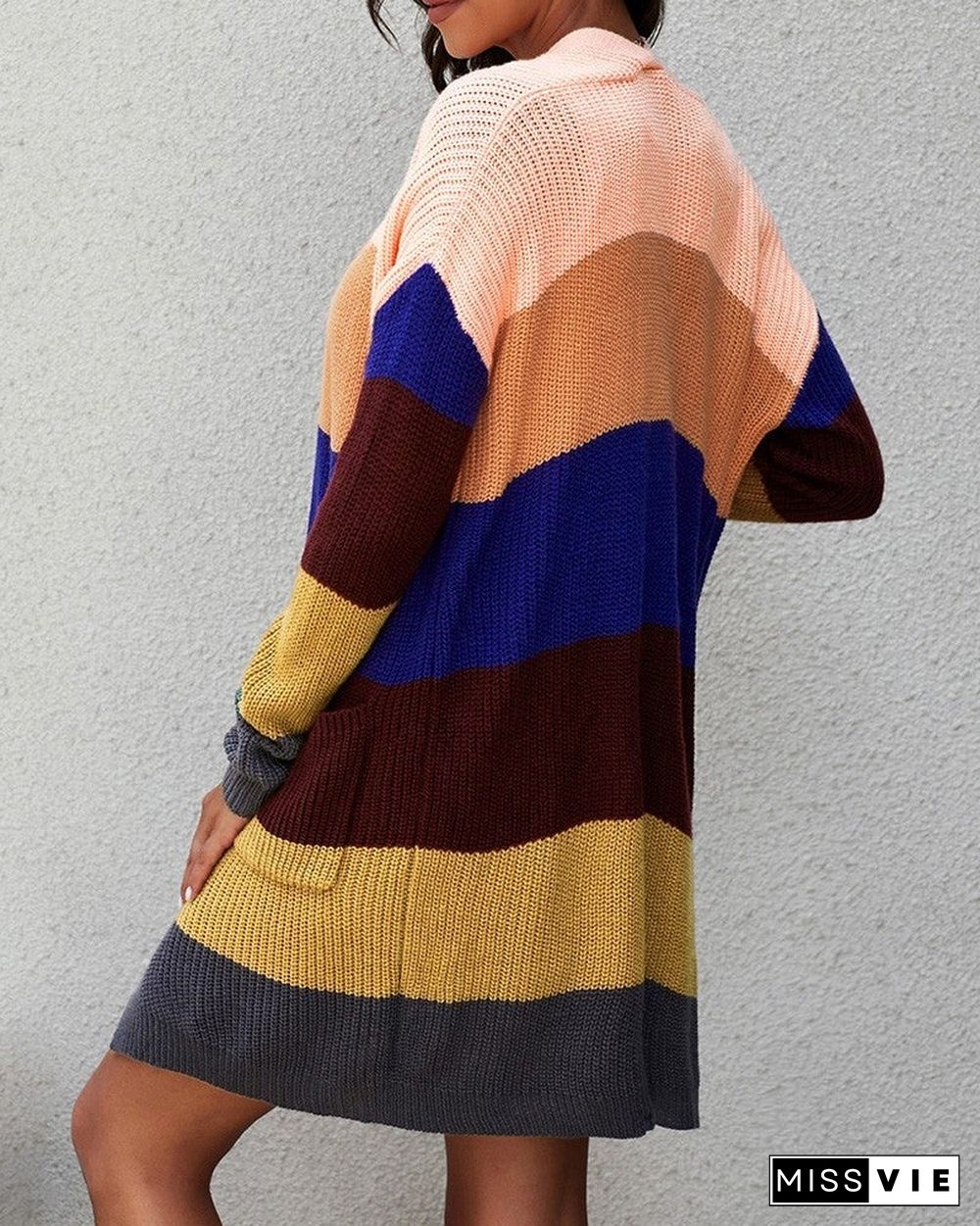 Striped Print Colorblock Pocket Design Long Sleeve Cardigan