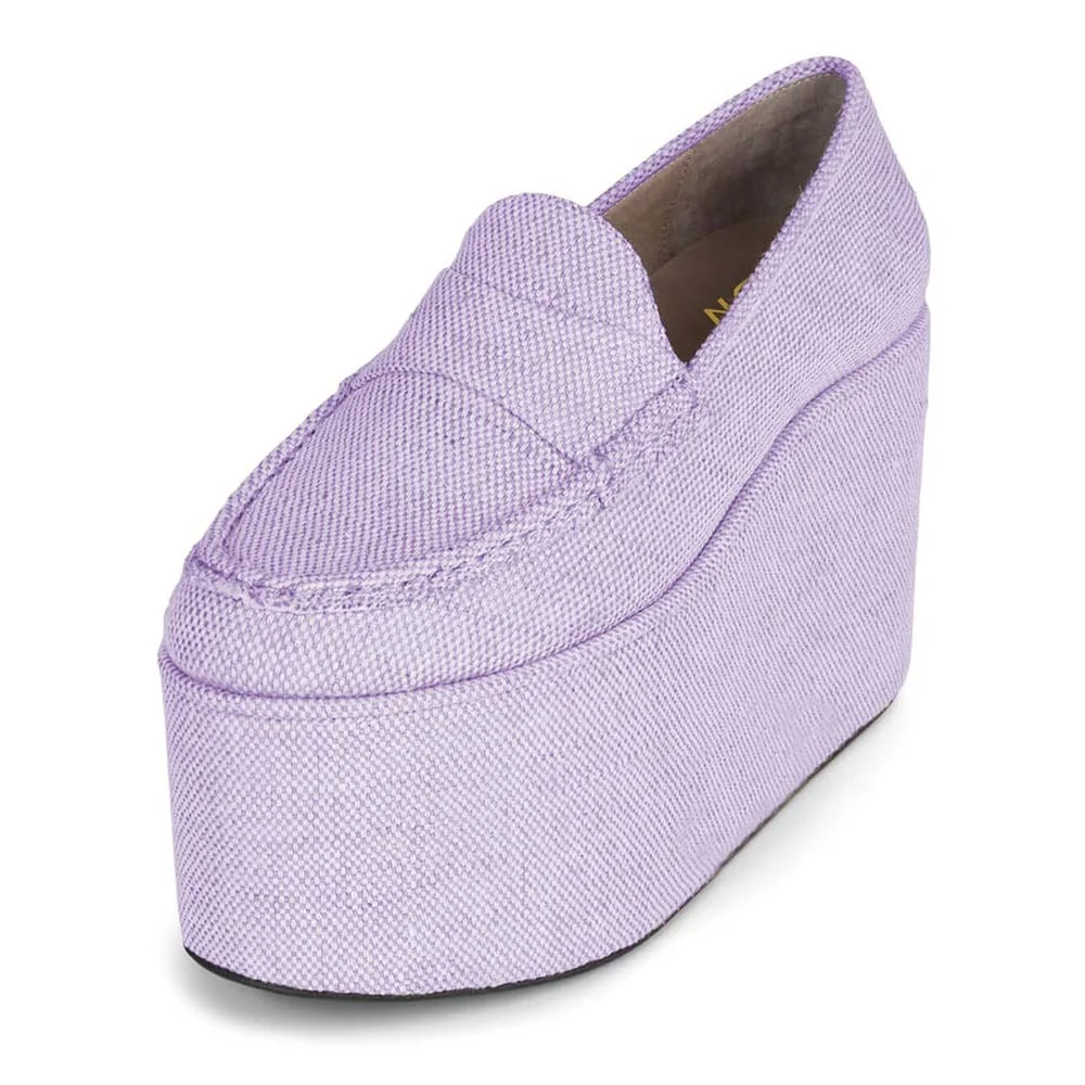 Light Purple Round Toe Wedge Heel Women's Loafers with Platform