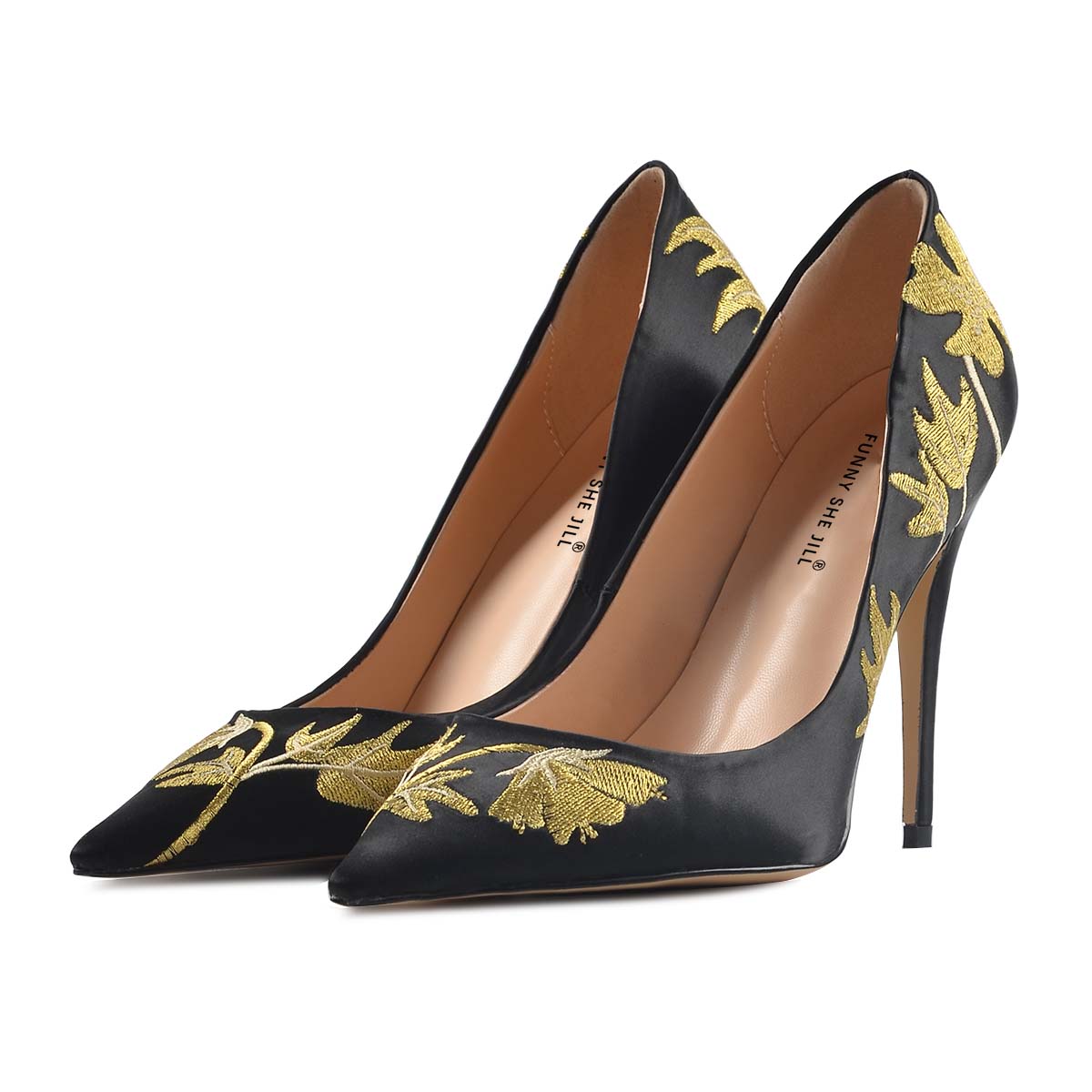Satin Embroidered Pumps Pointed Toe Heels Everyday Classic Shoes