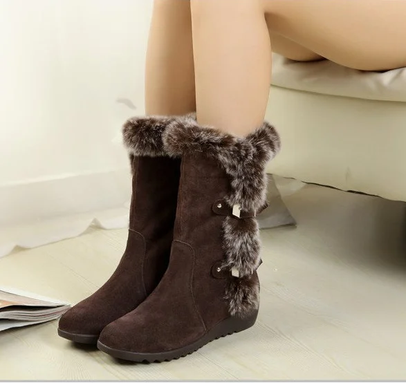 Yyvonne And Winter New Fur Snow Boots With Round Head Belt Buckle Warm Thick Mid-Slope And Cotton Boots Woman