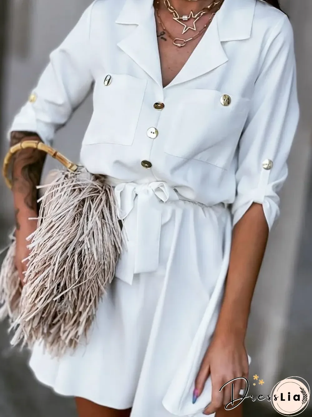 Solid Lapel Neck Bidded Shift Mini Dress P15168