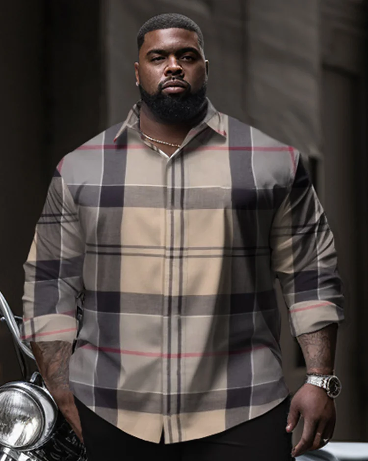 Plus Size Ethnic Men's Plaid Noble Royal Long Sleeve Lapel Collar Shirt Two-Piece Set