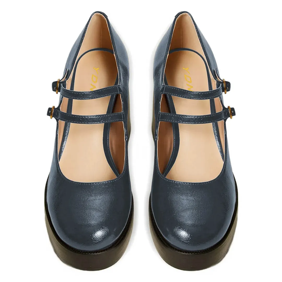 Navy Round Toe Chunky Heel Double Strap Platform Mary Jane Pumps