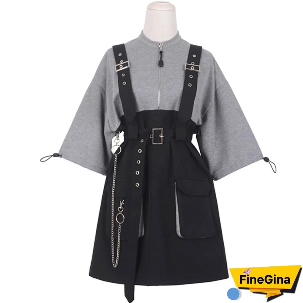 Punk Zipper Chain Pocket T-Shirt Dress with Chest Waist Strap Adjustable Buckle Belt