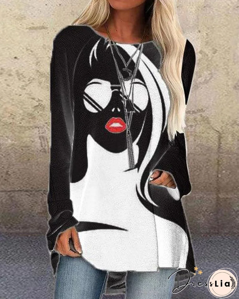 Figure Print Long Sleeve O-neck Casual T-shirt for Women