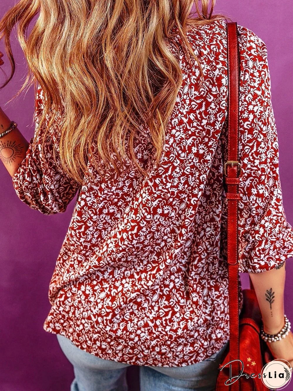 Burgundy Flower Print Neck Tie Blouse