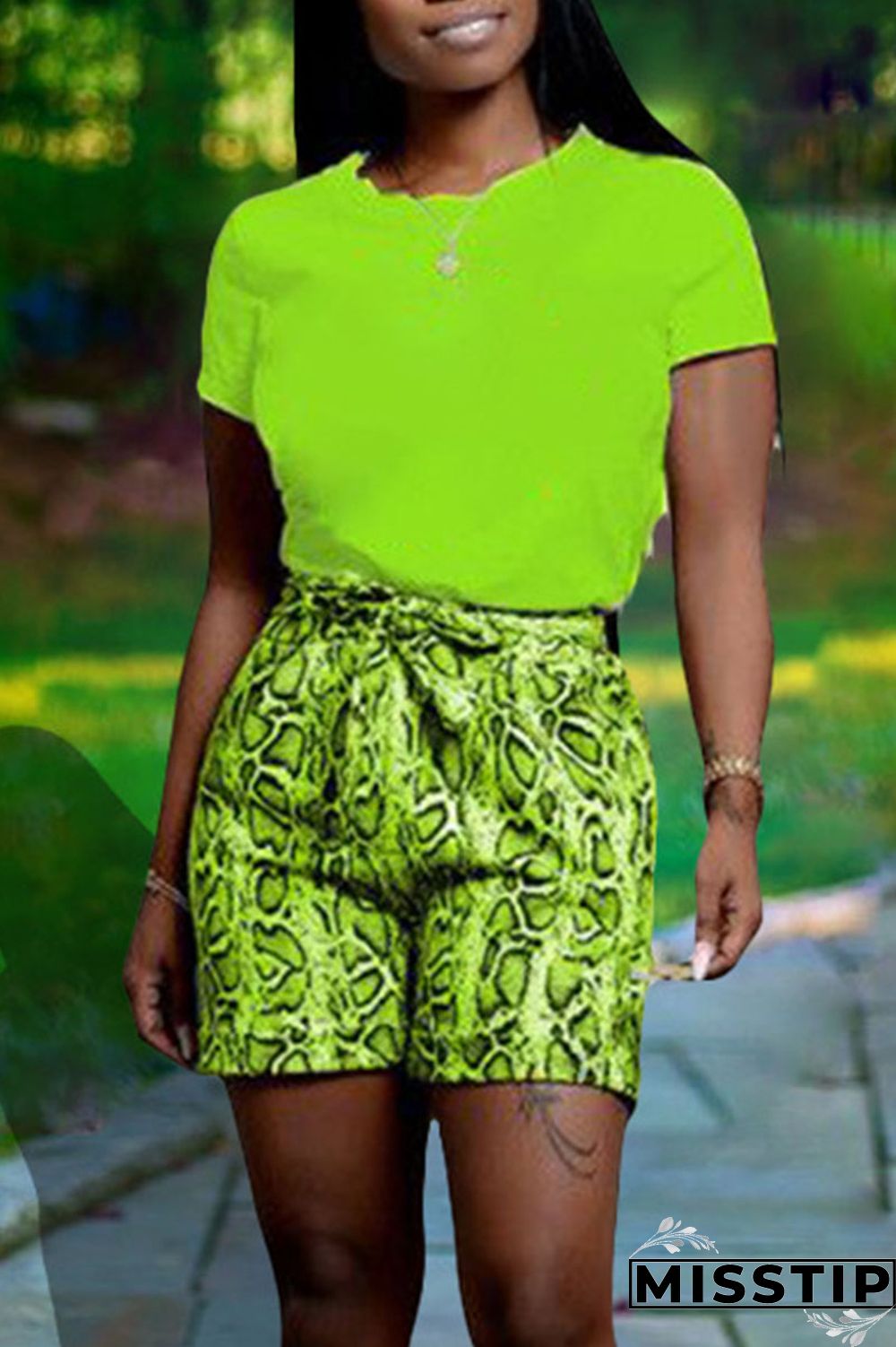 Green Casual Print Patchwork O Neck Short Sleeve Two Pieces