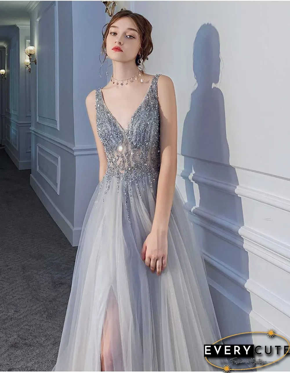 Light Gray Prom Dress Long Neck High Split Tulle Sweep Train Evening Gown A-Line Backless