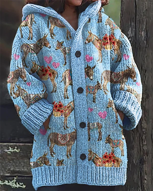 Vintage Donkey Art Print Hooded Cardigan