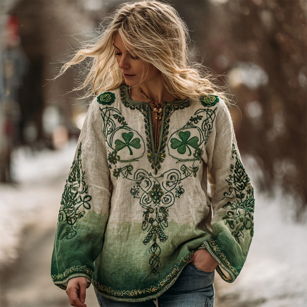 Women's Celtic Knot And St. Patrick's Day Shamrock Casual Linen Shirt wearshes