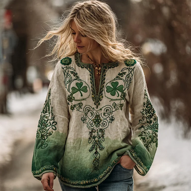 Women's Celtic Knot And St. Patrick's Day Shamrock Casual Linen Shirt