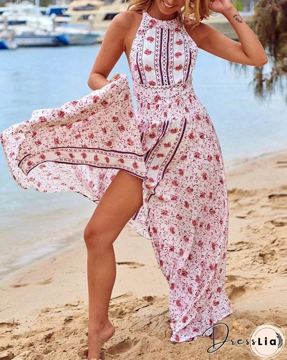Women Halter Neck Floral Vacation Slit Maxi Dress