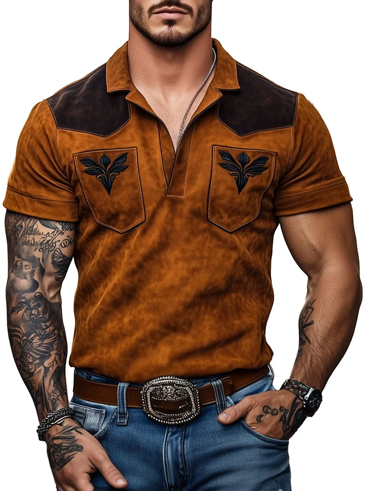 Men's Contrast Suede Western Style Short Sleeve Polo Shirt