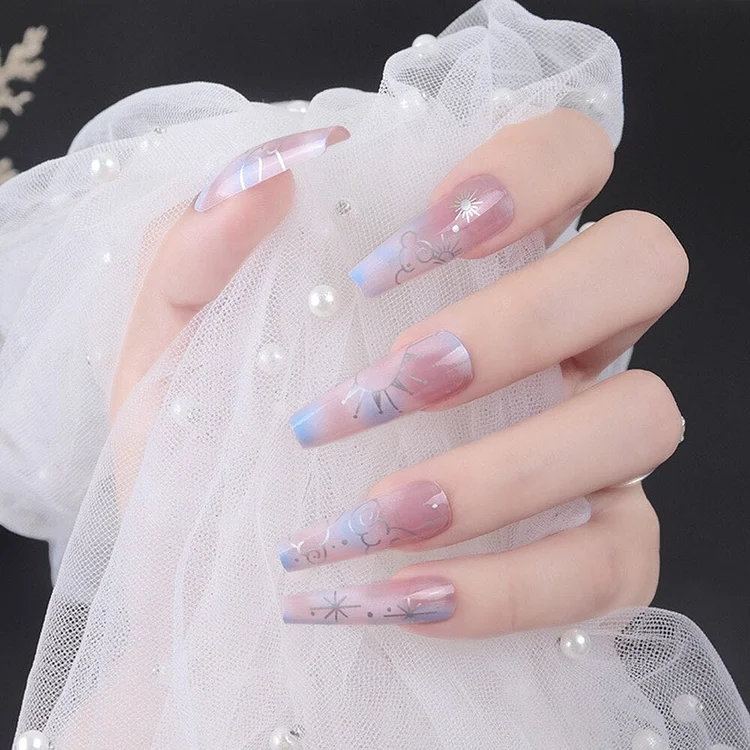 24Pcs Gradient Long Ballet False Nails Simple Constellation Pattern Design Wear Fake Nails Press On Nails Full Cover Nail Tips 515-1