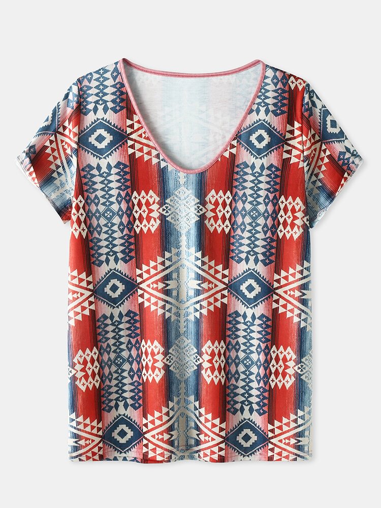 Short Sleeve V neck Geometric Ethnic Pattern Women T Shirt P1850882