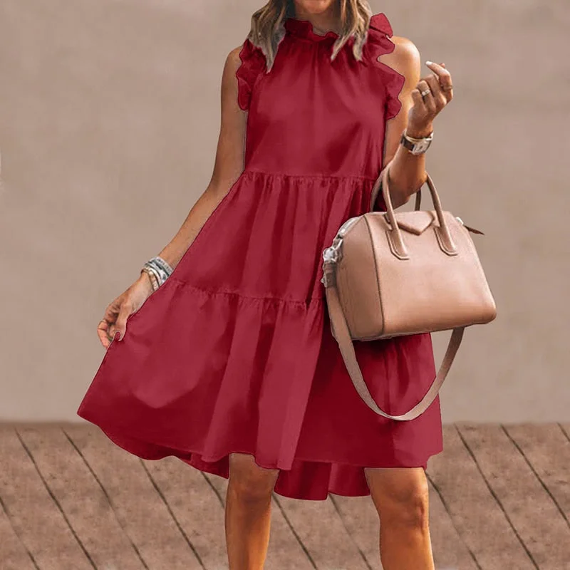 VONDA 2022 Summer Mini Dress Fashion Women Sexy Ruffled Sleeveless Tank Dresses Bohemian Casual Solid Vintage Vestidos Oversized