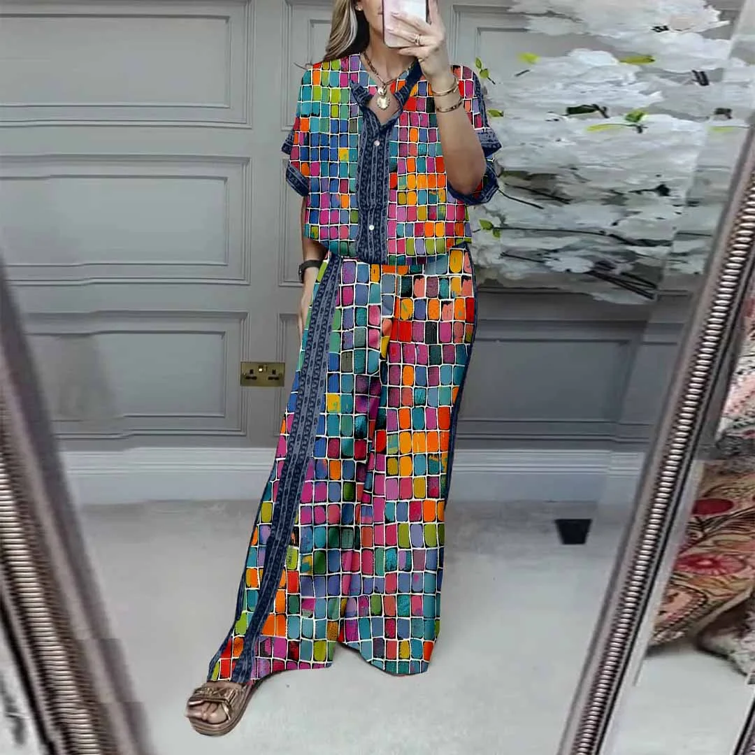 Women Colorful,Floral,Red DZDL1099 V-neck Short Sleeve Blouse and Pants Set